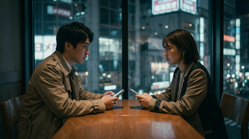 マッチング前にスマホを手に向かい合う男女のイメージ